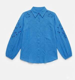⁠LOGO Lavish Blue Embroidered Eyelet Button Down Shirt Blouse Womens XS Boho⁠